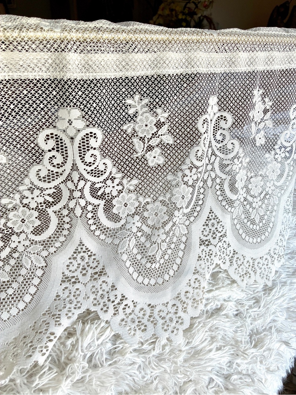 Vintage Elegant White Lace window valance rod pockets / Overlay